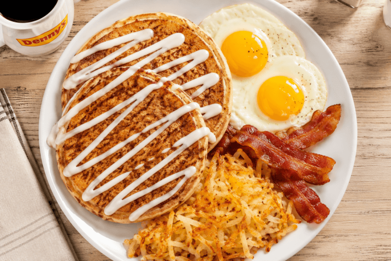 The Cinnamon Roll Pancake Slam combines sweet cinnamon pancakes with a full diner breakfast