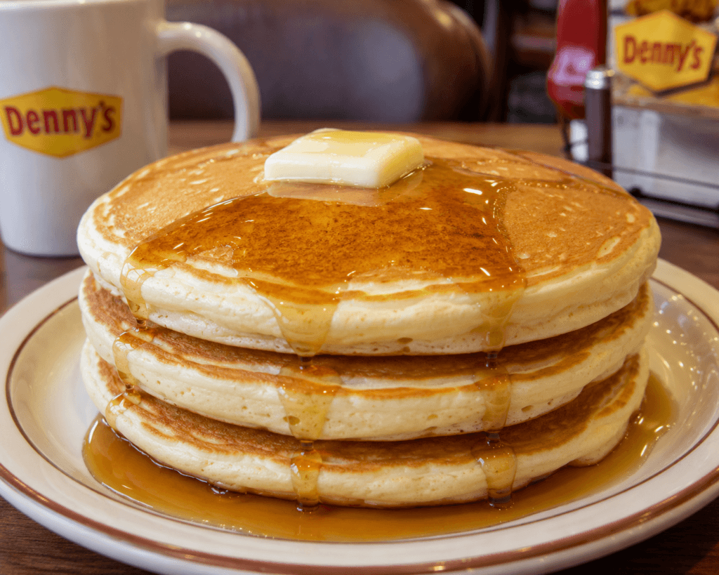 Denny's Original Buttermilk Pancakes stack with butter and syrup on a diner plate