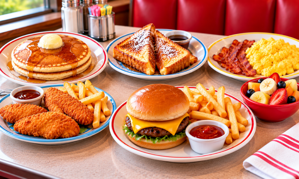 A selection of kids’ breakfast favorites, chicken tenders, cheeseburger, and fries at an American diner.