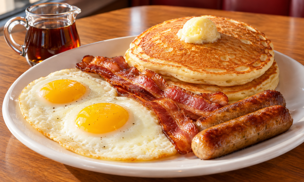 American diner breakfast featuring pancakes, eggs, bacon, and sausage.
