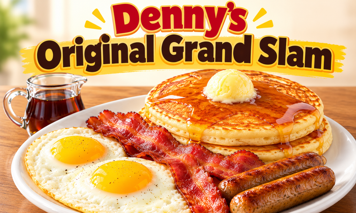 American diner breakfast featuring pancakes, eggs, bacon, and sausage.