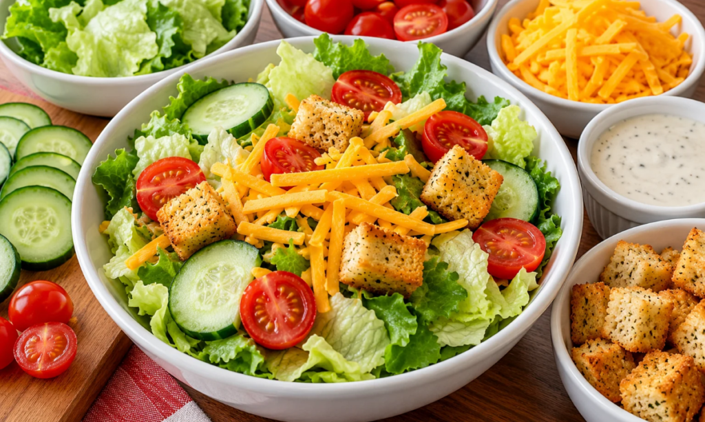 Denny’s Garden Side Salad ingredients, including lettuce, cucumber, grape tomatoes, cheddar cheese, croutons, and dressing.