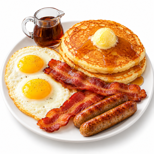 Denny’s Original Grand Slam breakfast with pancakes, eggs, bacon, and sausage.
