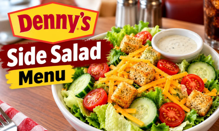 Denny’s Side Salad Menu featuring fresh lettuce, cucumbers, cherry tomatoes, shredded cheddar cheese, crispy croutons, and creamy dressing.
