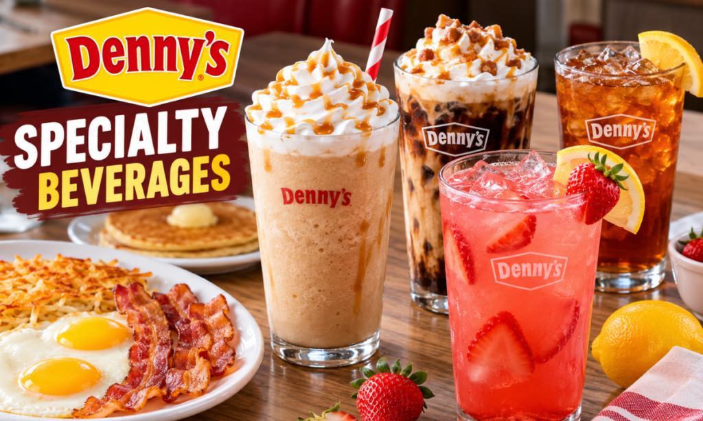 Denny’s beverages menu with specialty Cloud Frappés, salted caramel cold brew, strawberry lemonade, and iced tea.