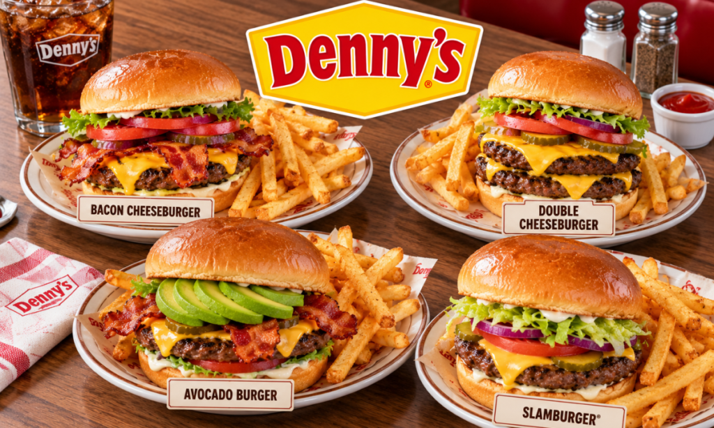 Denny’s burgers menu showing a selection of beef burgers, bacon cheeseburgers, avocado burgers, and fries.