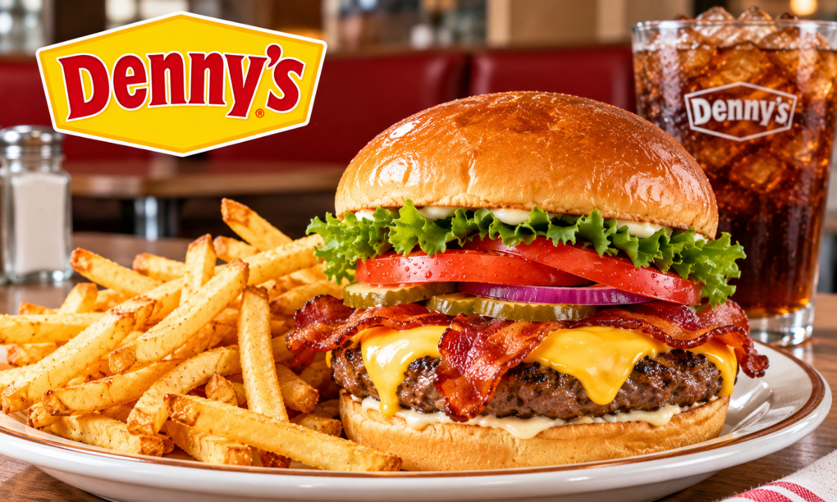 Denny’s burgers menu featuring a juicy cheeseburger, crispy bacon, fresh toppings, and golden fries.