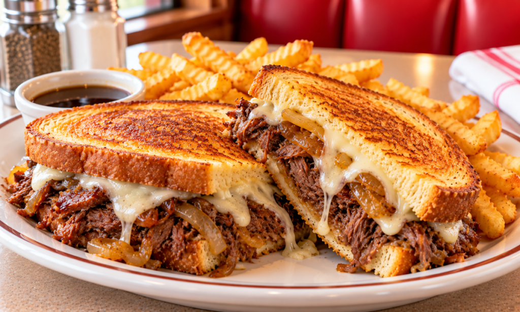 Denny’s melts menu Pot Roast Melt with caramelized onions, white cheddar, and grilled sourdough.