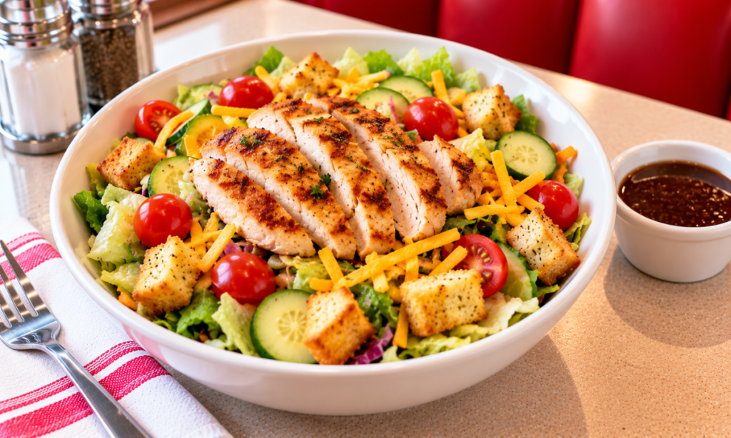 Denny’s salads menu House Salad topped with grilled chicken, cucumbers, tomatoes, and cheddar.