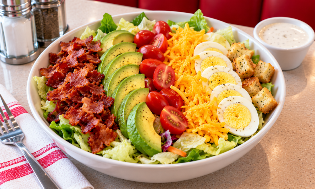  Denny’s salads menu featuring a Cobb Salad with bacon, avocado, tomatoes, cheddar, egg, and croutons.