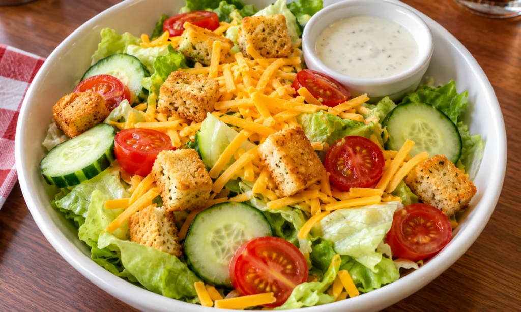 Denny’s side salad featuring fresh lettuce, cucumbers, tomatoes, shredded cheddar cheese, croutons, and dressing.