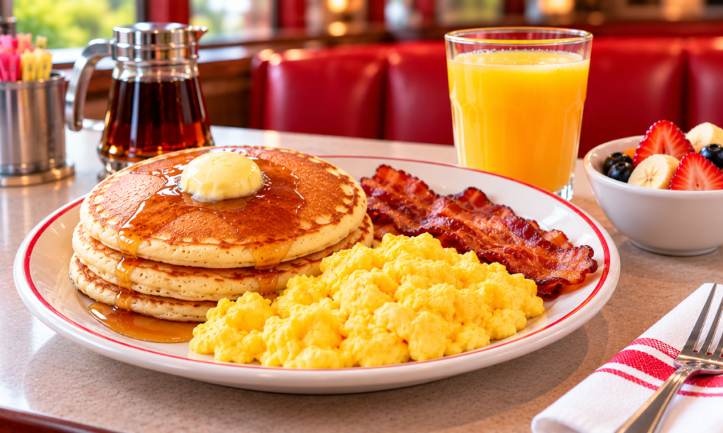 Kids’ breakfast with pancakes, scrambled eggs, bacon, and orange juice.