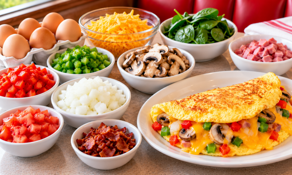 Eggs, cheddar cheese, bell peppers, mushrooms, onions, and ham arranged as omelette ingredients.